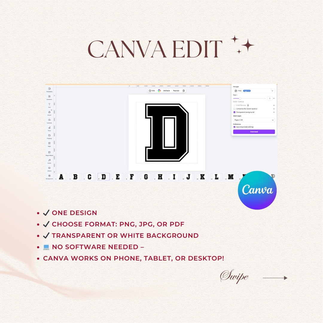 Canva editing software interface with a black letter 'D' on a white background, featuring Canva branding.