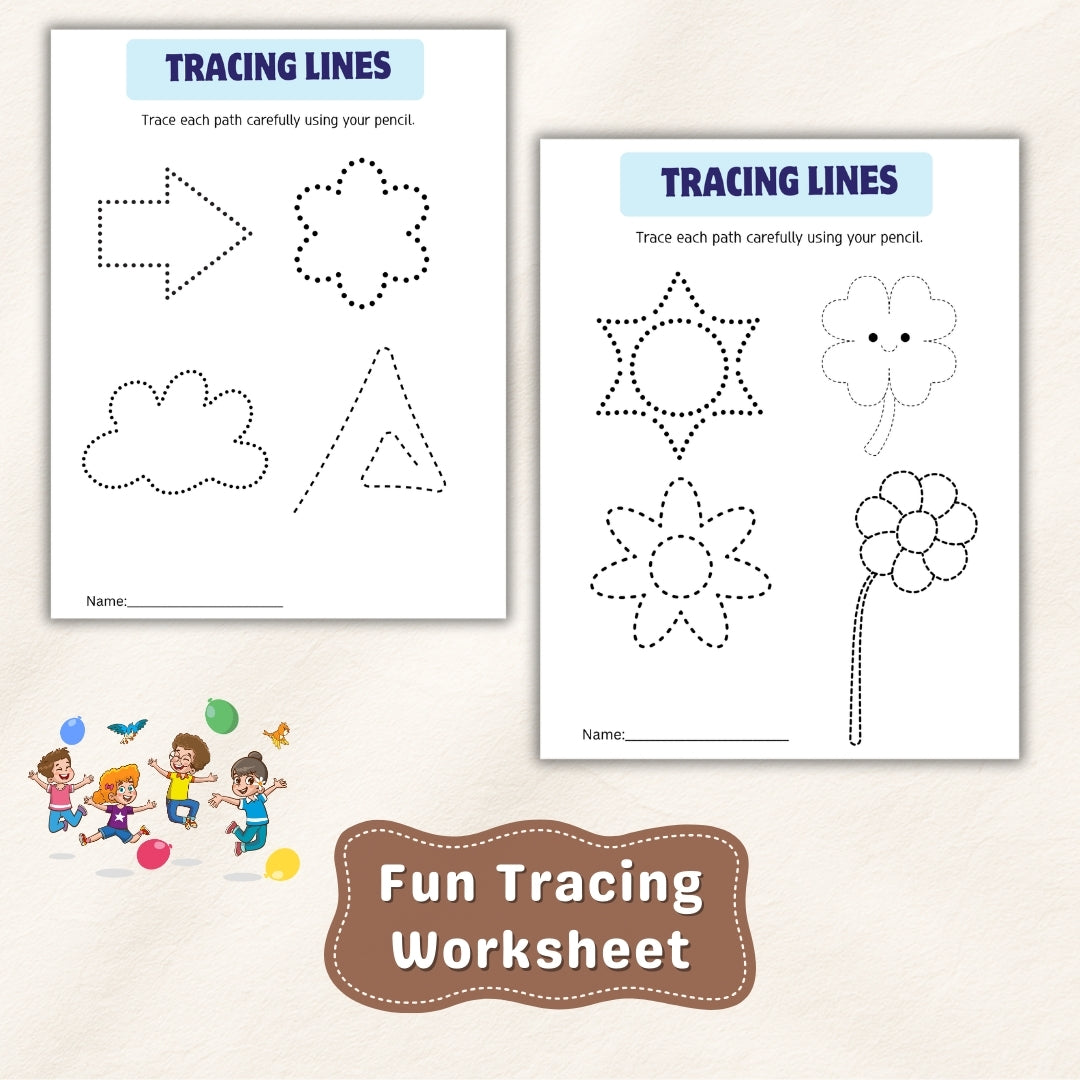 Two tracing worksheets with shapes and flowers on a beige background with 'Fun Tracing Worksheet' text.