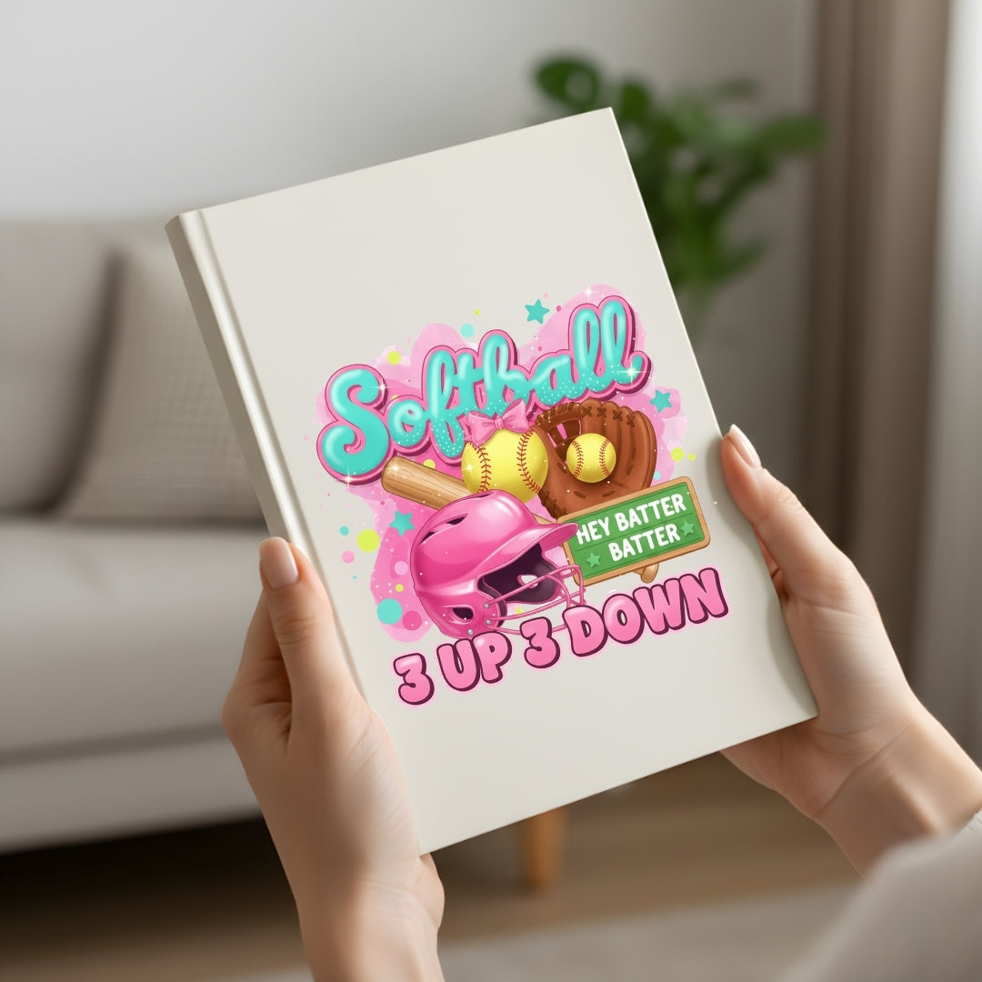 Notebook with softball-themed design held by hands in a room.
