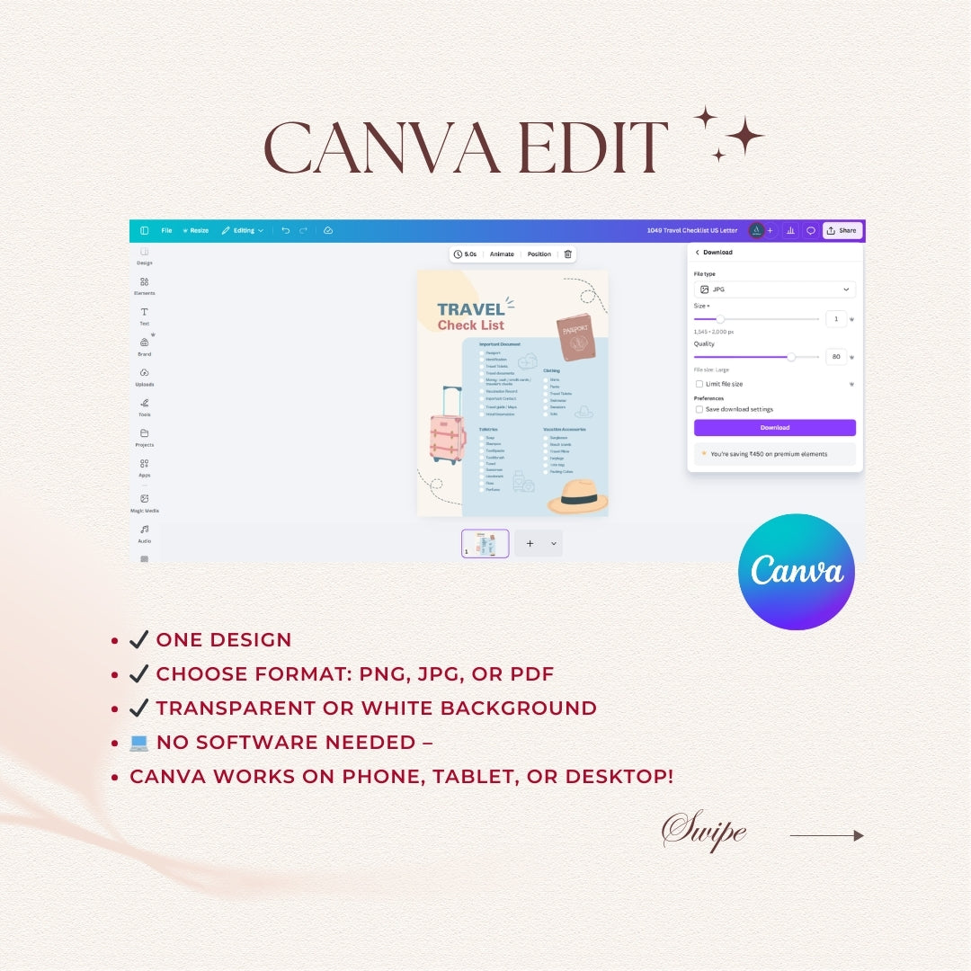 Canva Edit software interface with travel checklist example on a light pink background