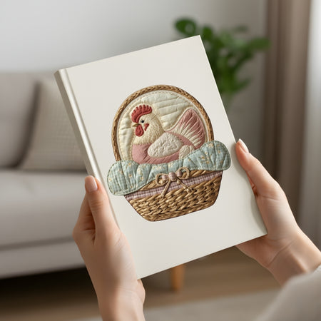 Notebook with a rooster design held by hands in a home setting