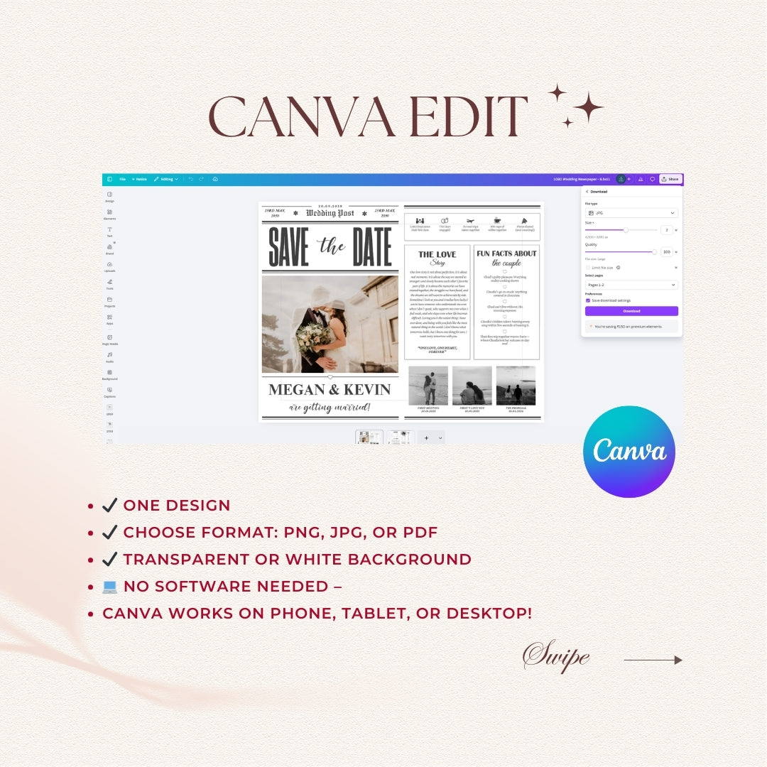 Canva Edit interface with a wedding invitation design on a white background