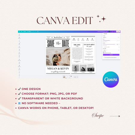 Canva Edit interface with a wedding invitation design on a white background