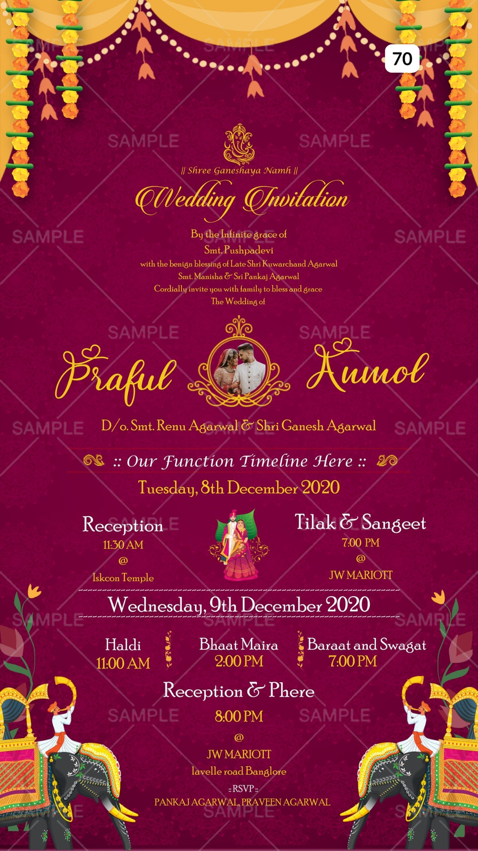 Wedding ceremony invitation card of hindu south indian kannada family in english language with Vintage theme Canva Editable Template design 70