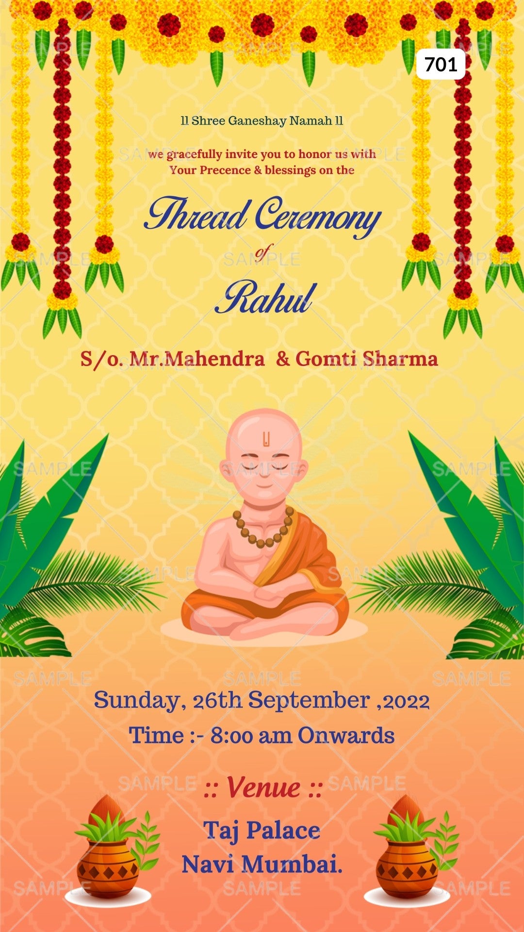 Thread ceremony invitation card Canva Editable Template in english lan ...