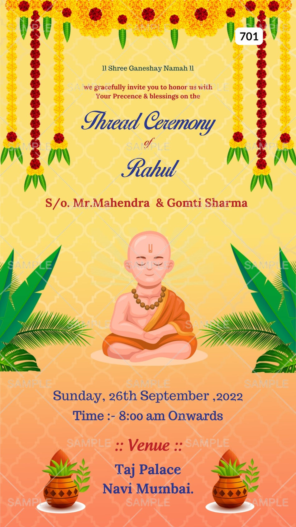 Thread ceremony invitation card Canva Editable Template in english language with yagnopaveet doodle, garland as traditional theme design 701