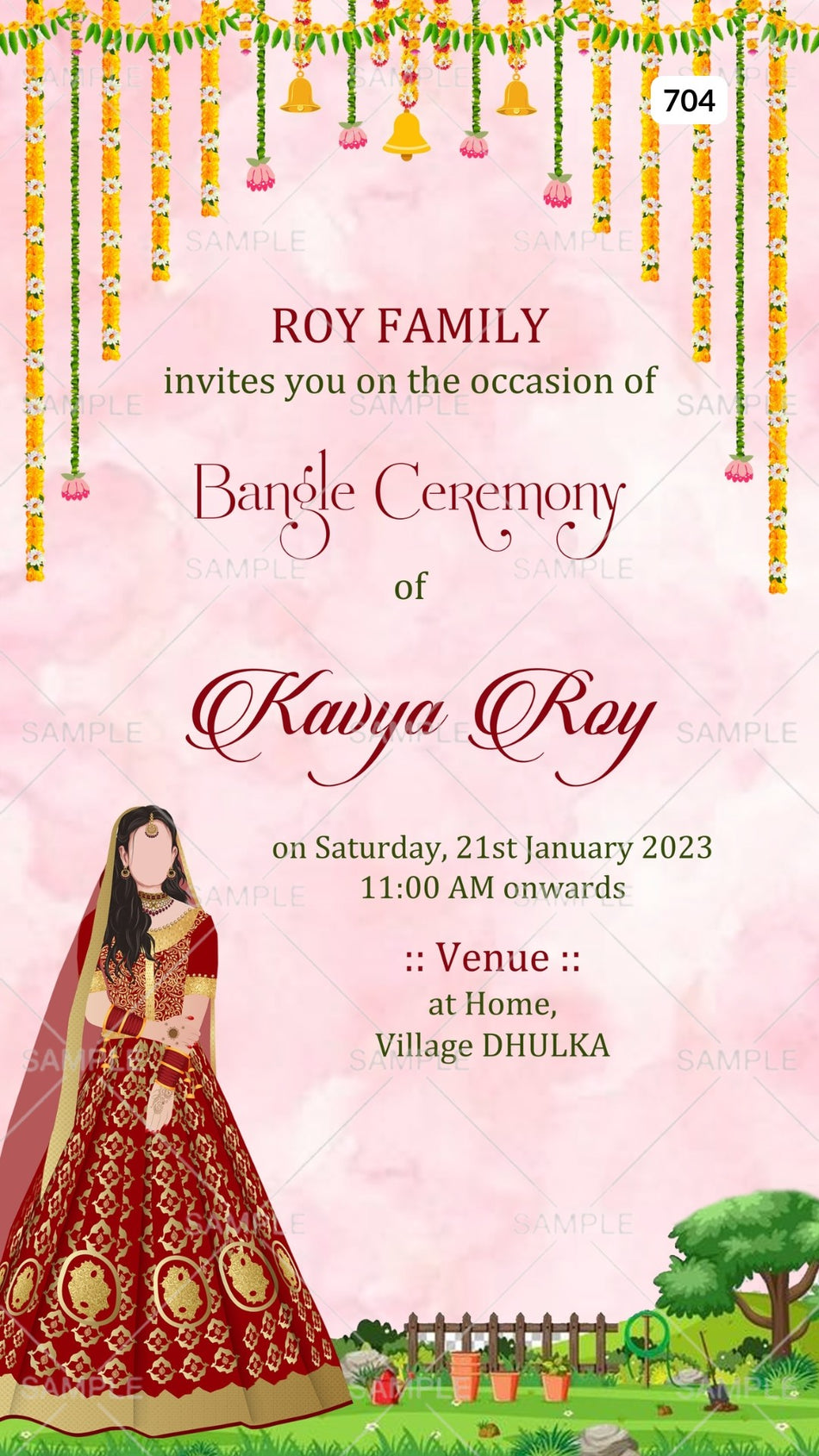 Choora ceremony invitation card Canva Editable Template in english language with garden theme design 704