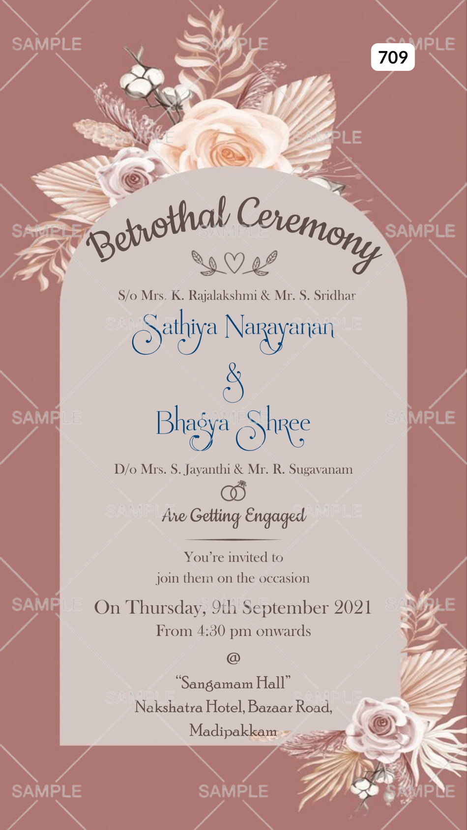 Betrothal ceremony invitation card Canva Editable Template for Catholic family in english language with flowers as gate theme design 709