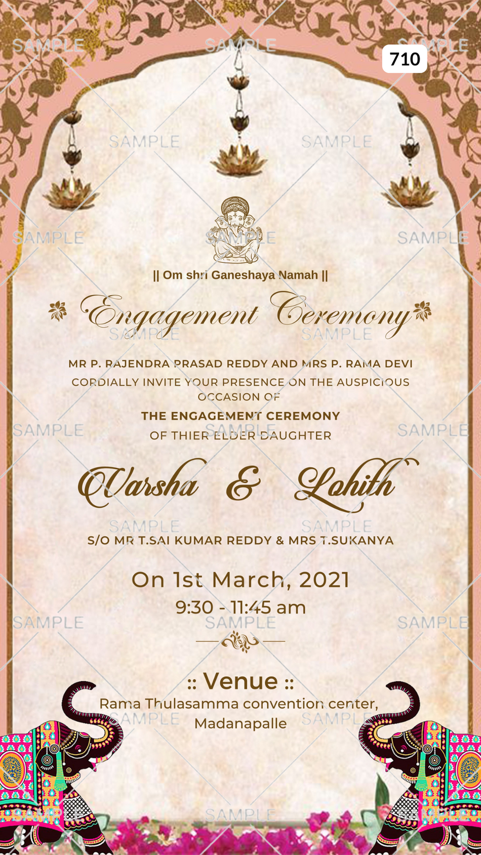 Engagement ceremony invitation card Canva Editable Template in english language with elephant, flowers as traditional arch theme design 710