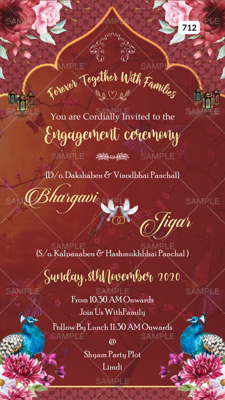 Digital Engagement Ceremony Invitation Of Indian Family In English Language With Floral and Arch Theme Canva Editable Template design no - 712