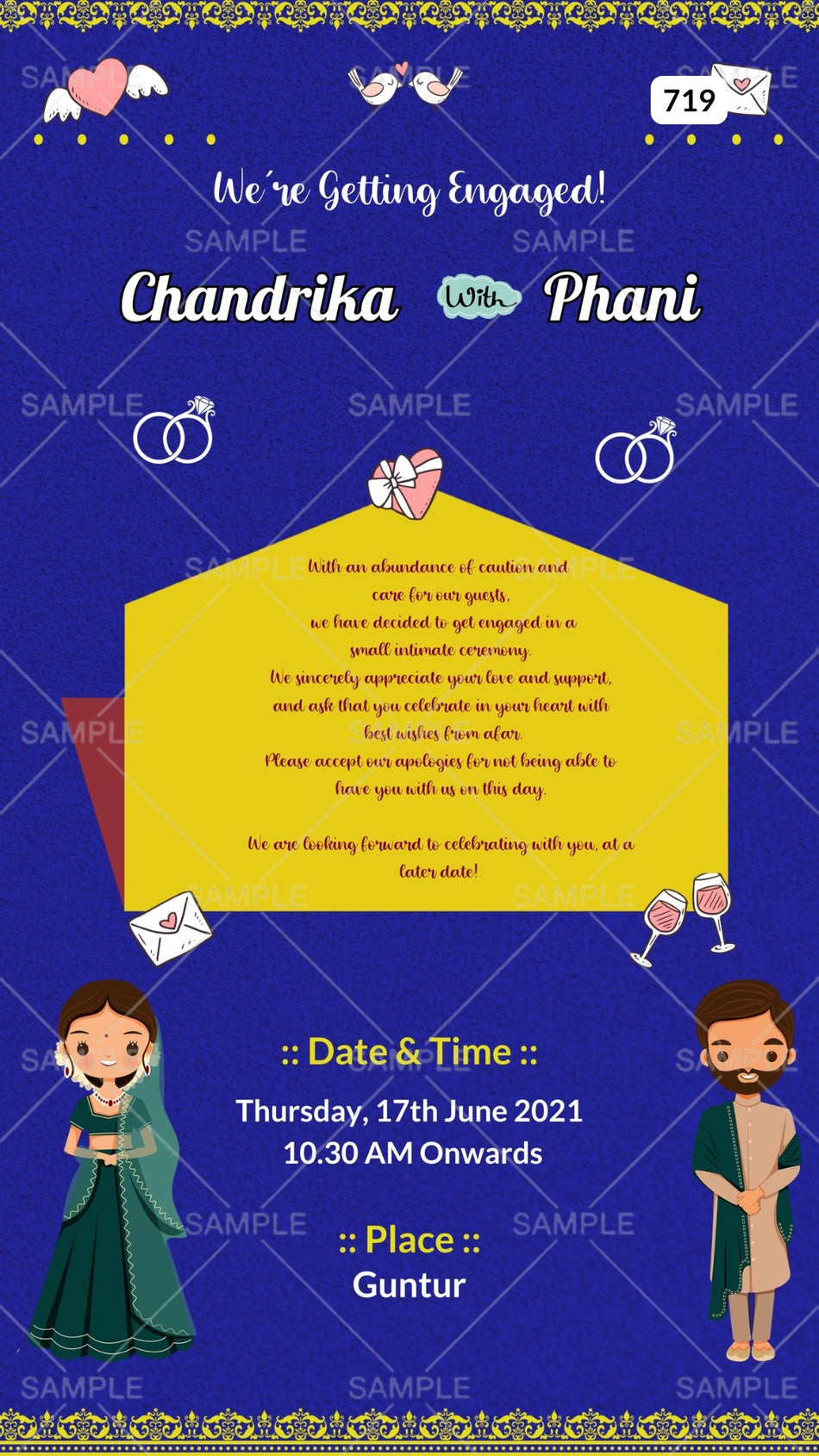 Engagement ceremony invitation card Canva Editable Template in english language with couple doodle, heart, ring as minimalistic theme design 719