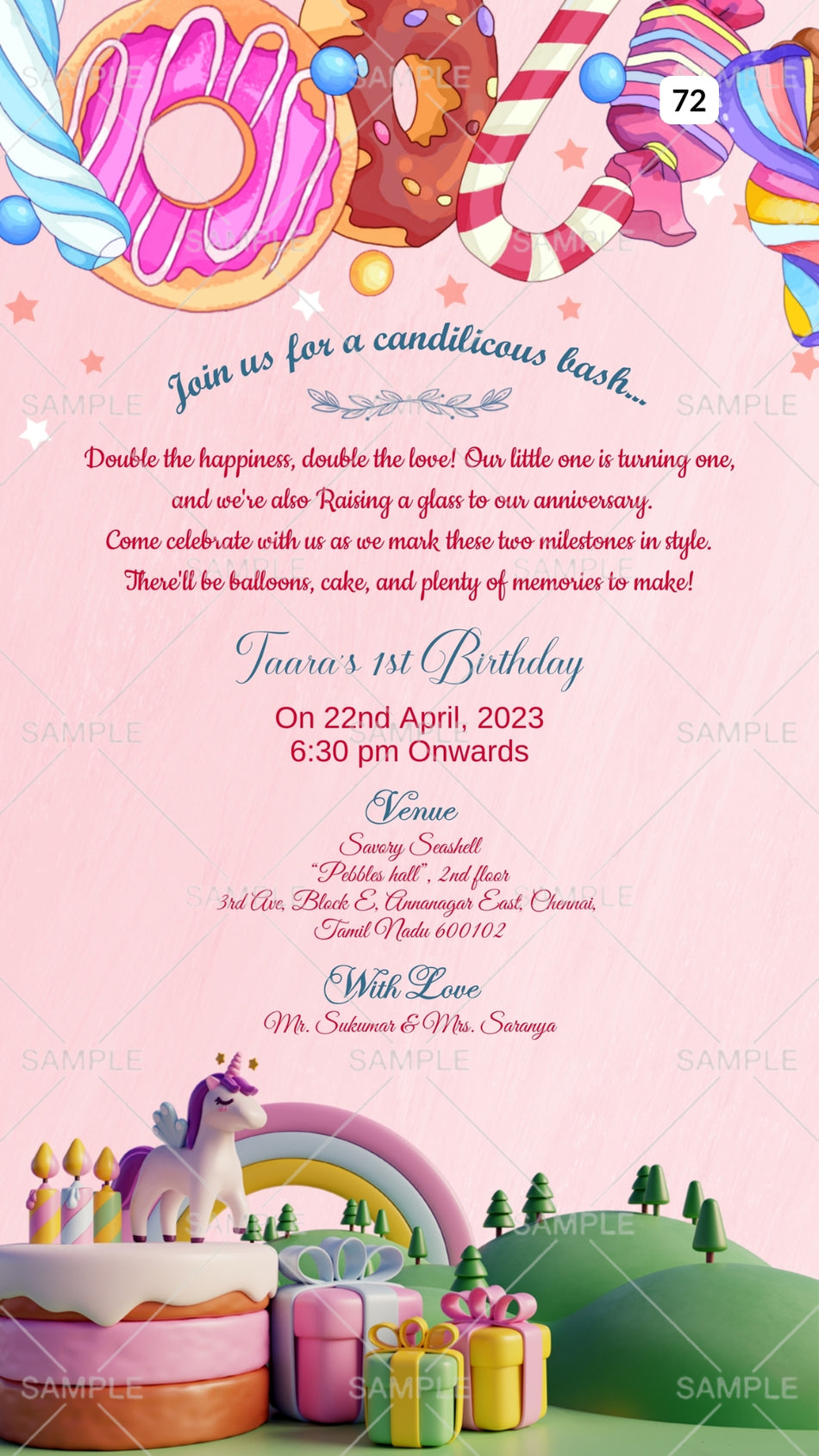 Birthday party invitation card Canva Editable Template for girl in english language with cake, horse, gifts as candy theme design 72