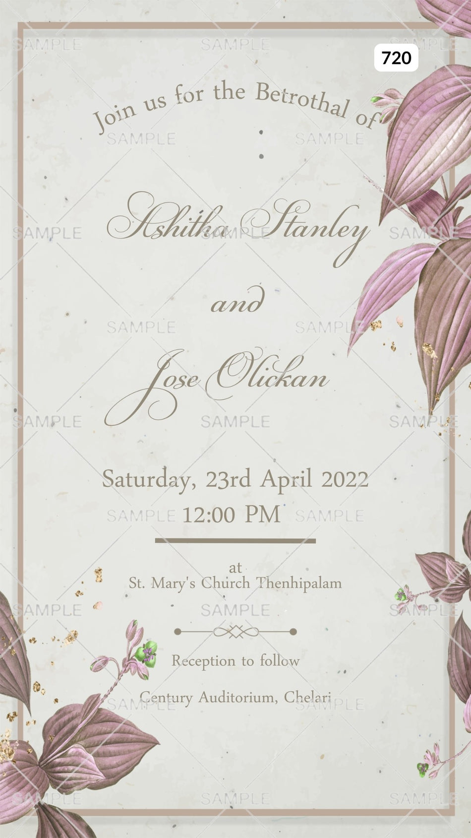 Betrothal ceremony invitation card Canva Editable Template for Catholic family in english language with leaves, frame as minimalistic theme design 720