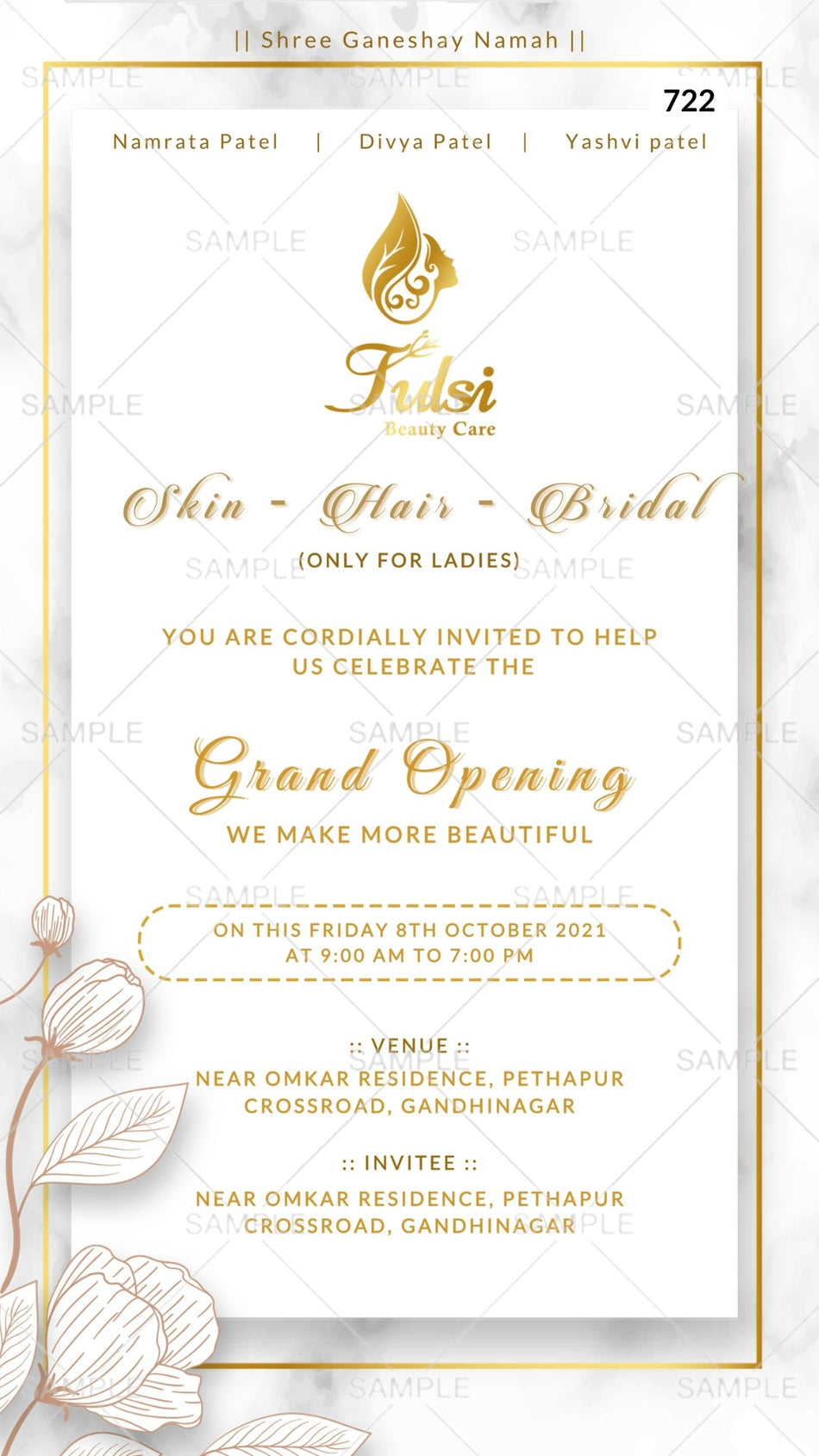 Opening invitation card Canva Editable Template in english language with frame, flower as minimalistic theme design 722