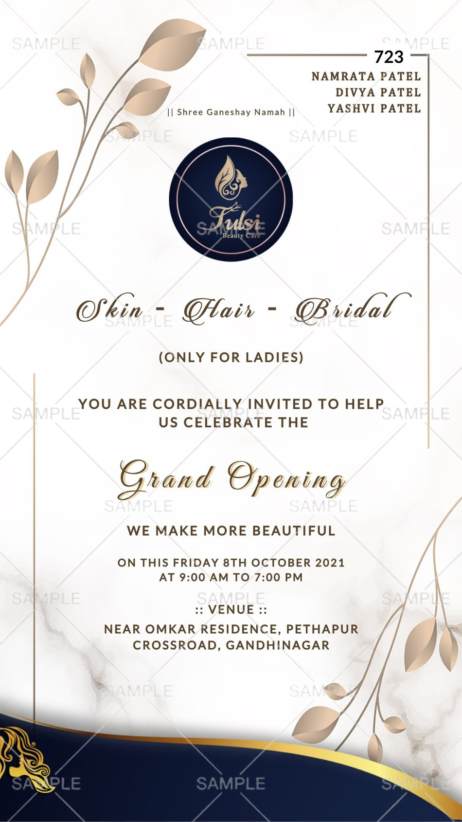 Opening invitation card Canva Editable Template in english language with frame, leaves as minimalistic theme design 723