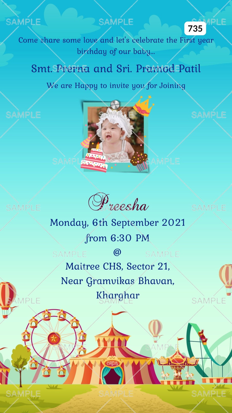 Birthday party invitation card Canva Editable Template for girl in english language with baby photo as carnival theme design 735