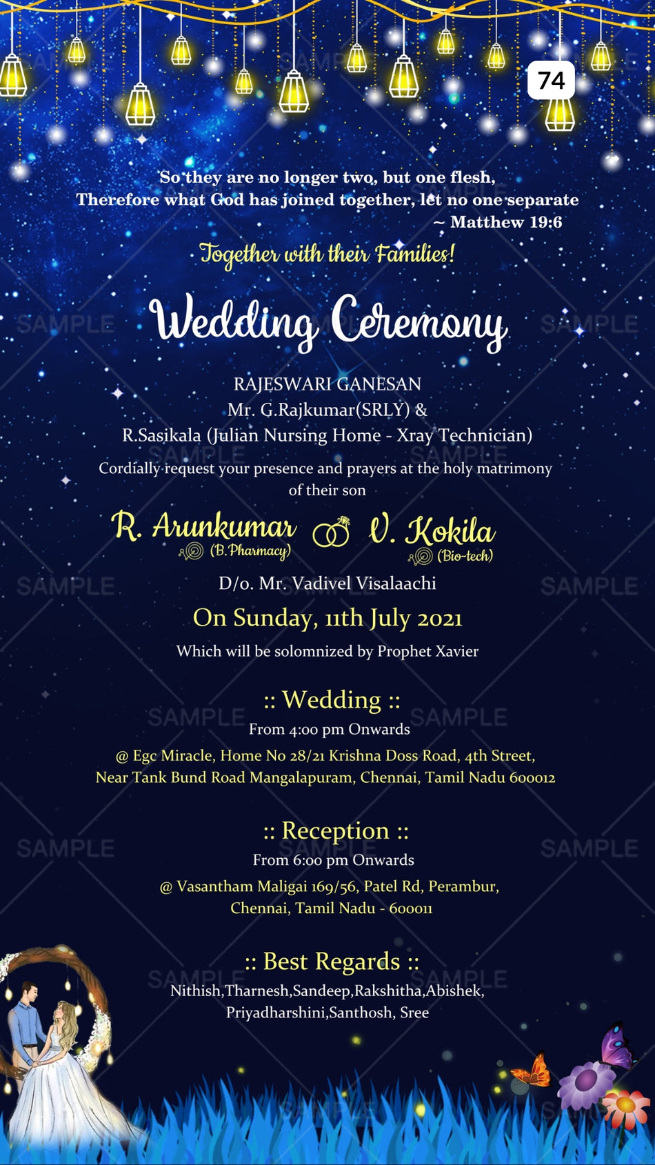 Bible verse Christian wedding ceremony invitation card Canva Editable Template of Catholic church family in english language with Night View theme design 74