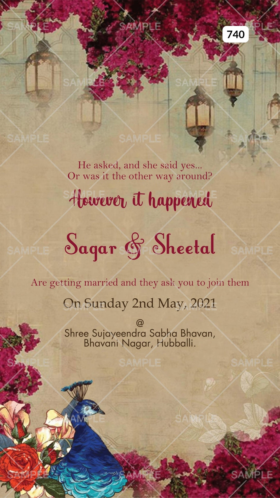 Wedding ceremony invitation card Canva Editable Template of hindu south indian kannada family in english language with Floral theme design 740
