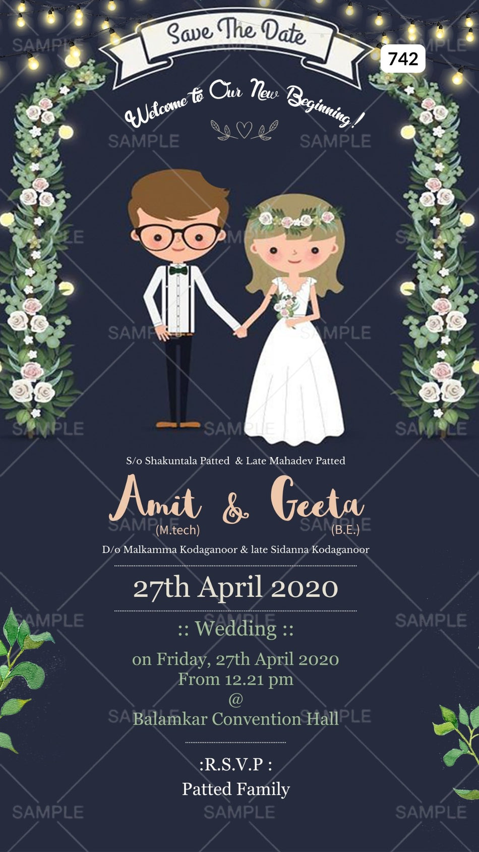 Wedding ceremony invitation card Canva Editable Template of hindu south indian kannada family in english language with  Shining theme design 742