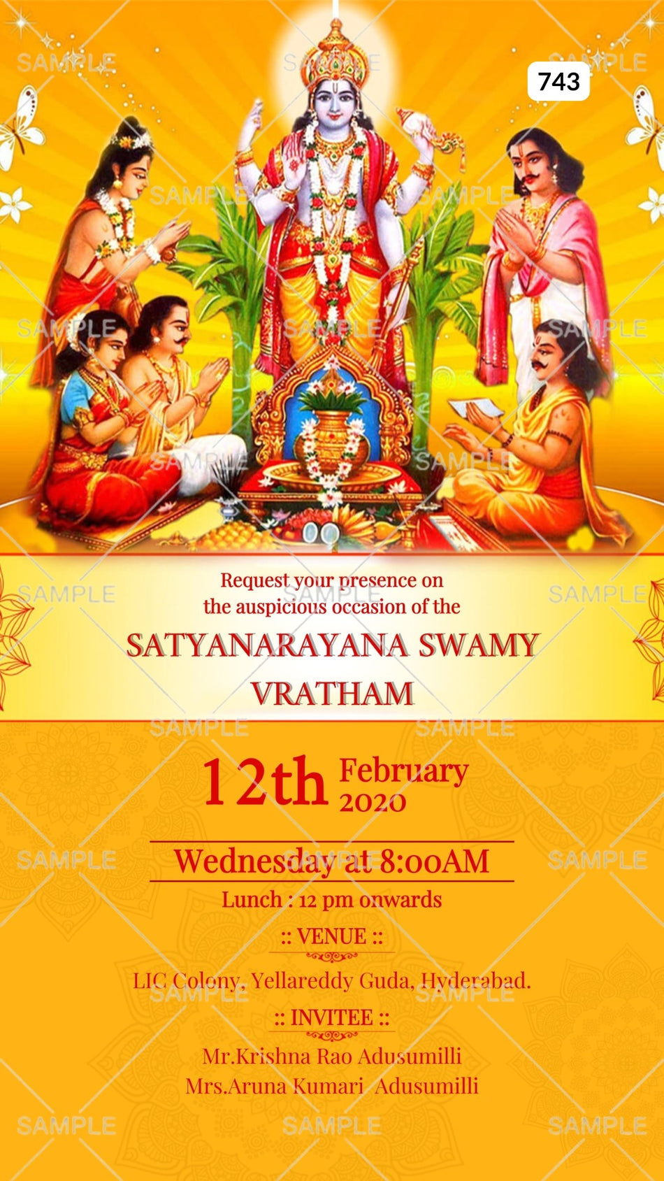 Satyanarayan Pooja Ceremony invitation card Canva Editable Template in english language with god vishnu image as minimalistic theme design 743