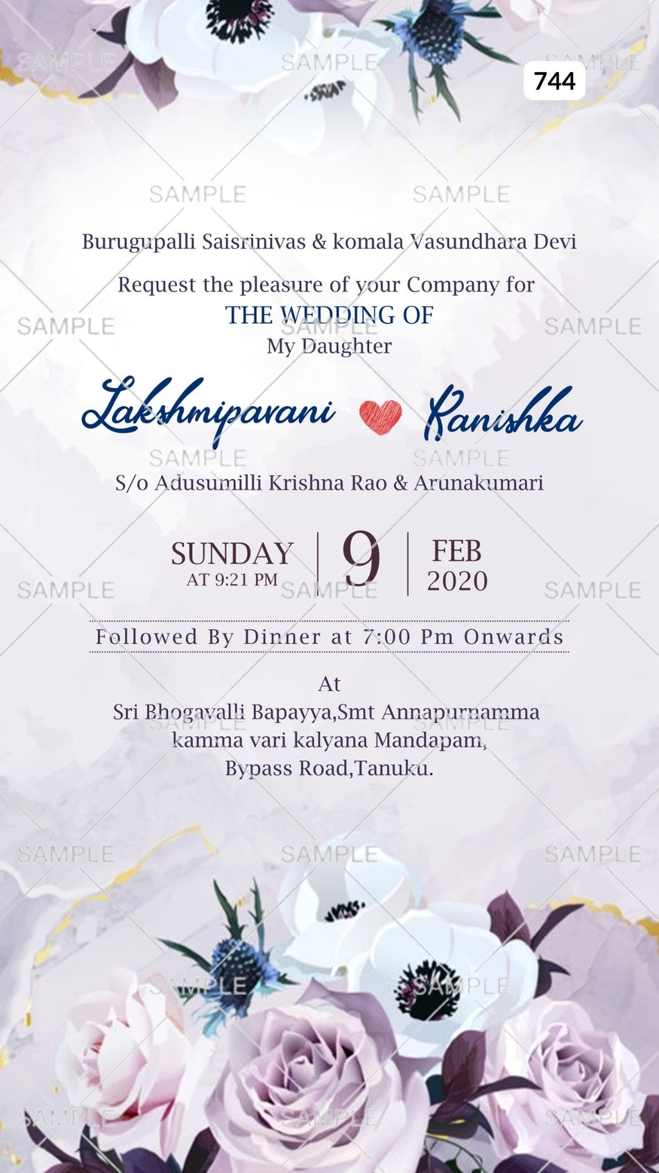 Wedding ceremony invitation card Canva Editable Template of hindu south indian telugu family in english language with  Artistic flowers theme design 744