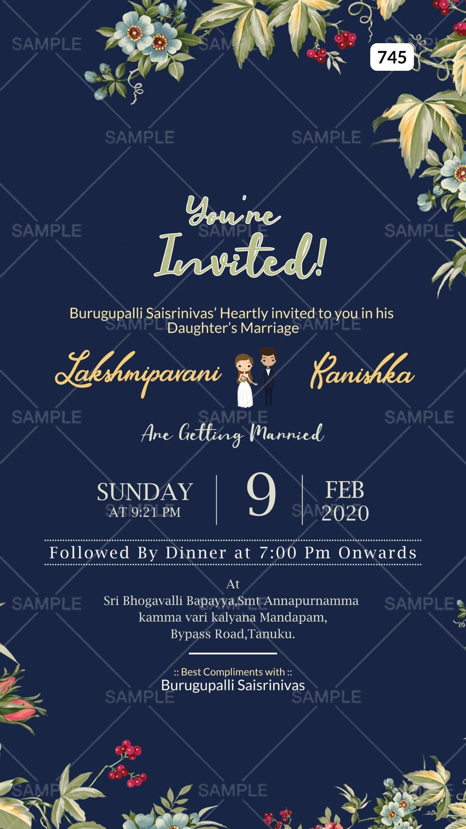Wedding ceremony invitation card Canva Editable Template of hindu south indian telugu family in english language with Minimalistic theme design 745