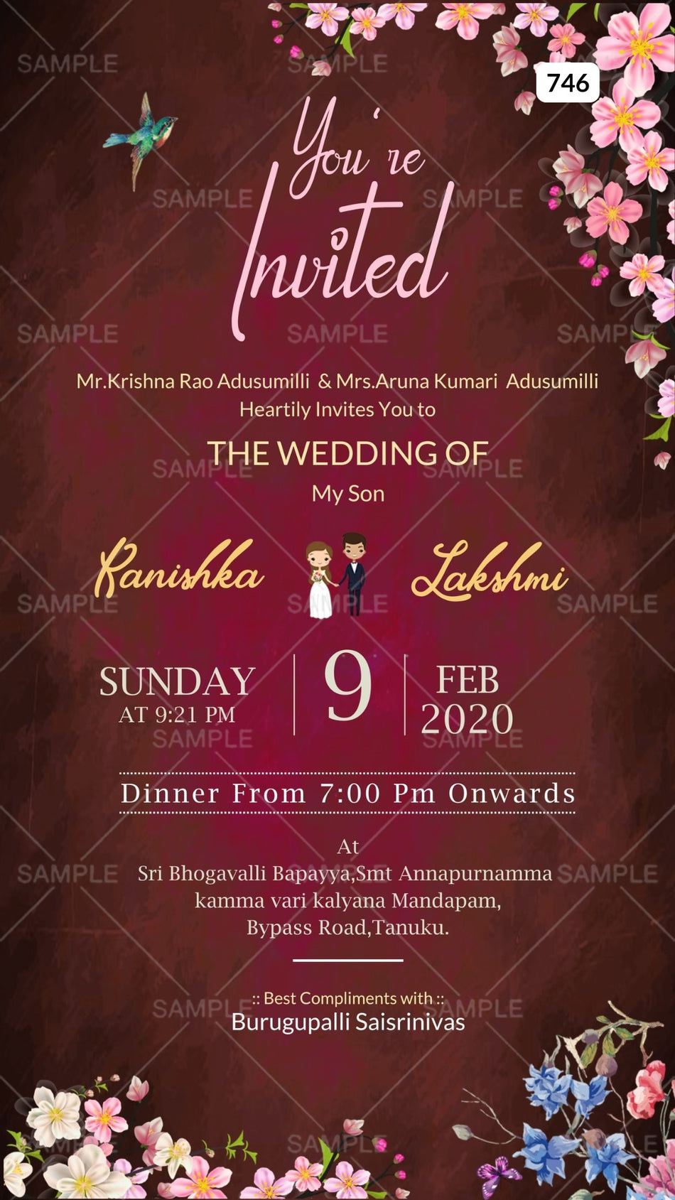 Wedding ceremony invitation card Canva Editable Template of hindu south indian telugu family in english language with Minimalistic theme design 746