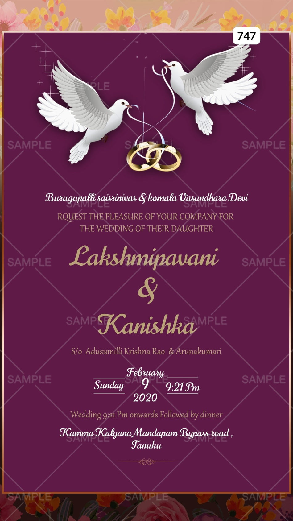 Wedding ceremony invitation card Canva Editable Template of hindu south indian telugu family in english language with  Romantic Floral theme design 747
