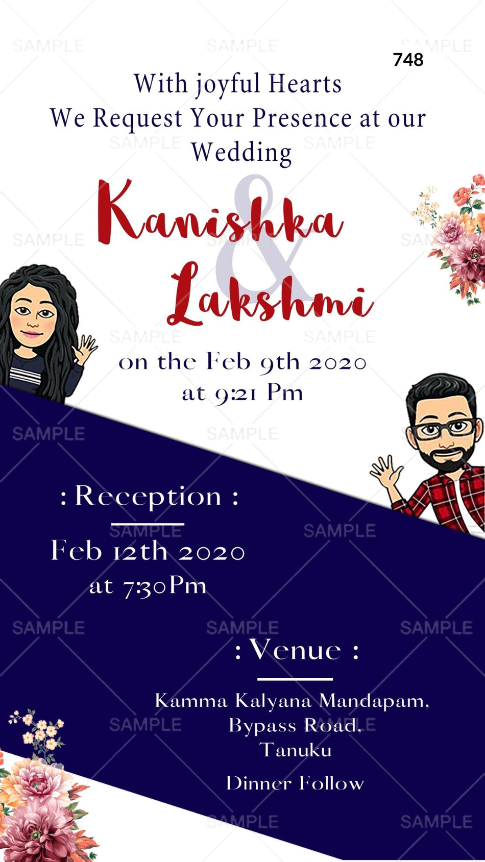 Wedding ceremony invitation card Canva Editable Template of hindu south indian telugu family in english language with Bollywood theme design 748