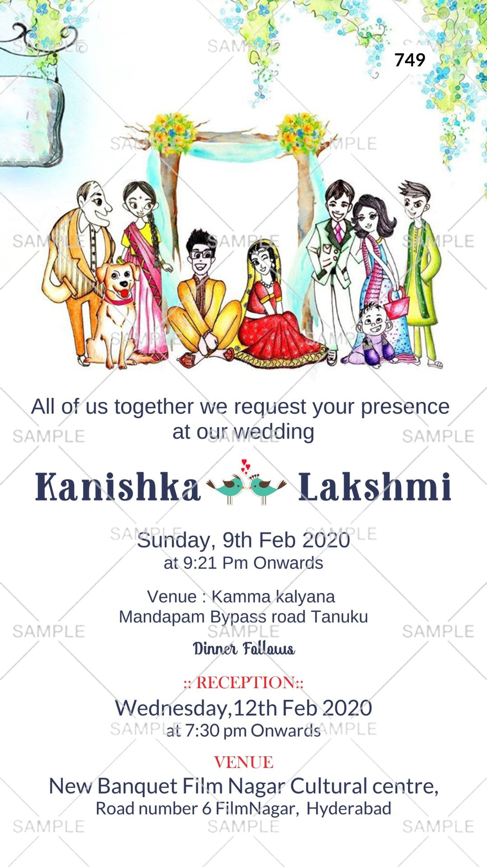 Wedding ceremony invitation card Canva Editable Template of hindu south indian telugu family in english language with Cartoonish theme design 749