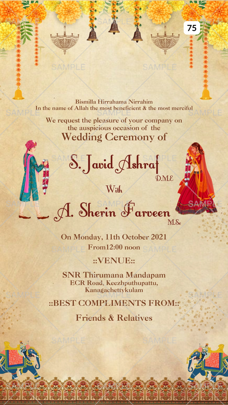 Wedding ceremony invitation card Canva Editable Template of hindu south indian Telugu family in english language with Traditional theme design 75