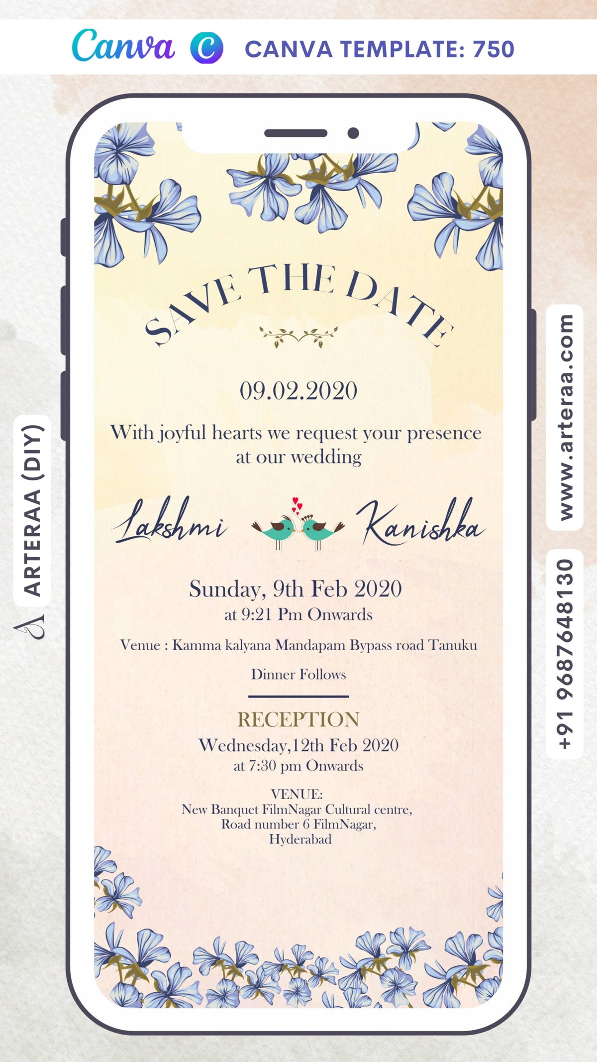 Wedding ceremony invitation Canva Editable video Template of hindu south indian telugu family in english language with Artistic flowers theme design 750