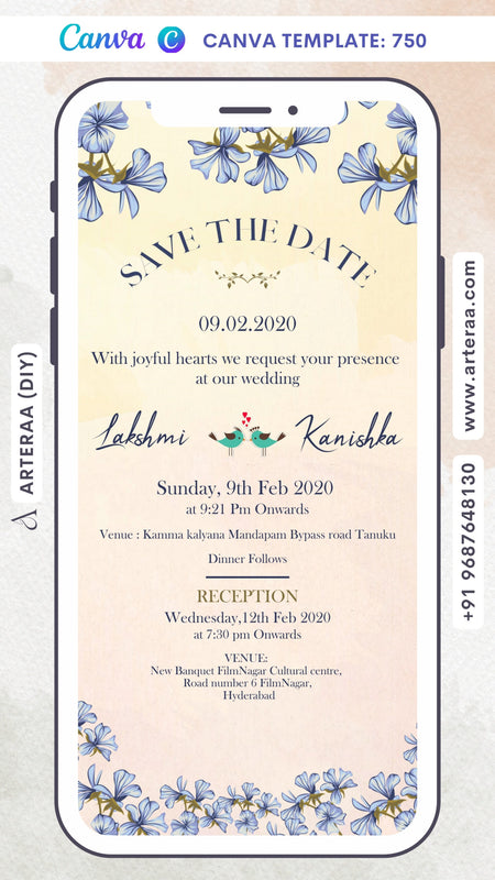 Wedding ceremony invitation Canva Editable video Template of hindu south indian telugu family in english language with Artistic flowers theme design 750