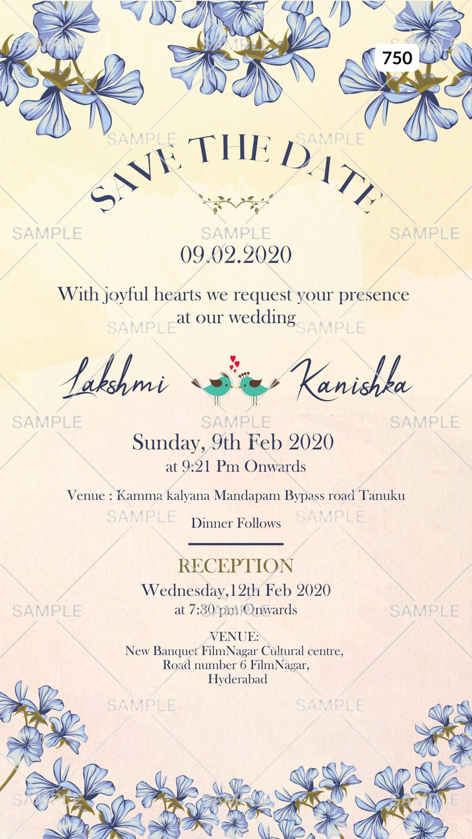 Wedding ceremony invitation card Canva Editable Template of hindu south indian telugu family in english language with Artistic flowers theme design 750