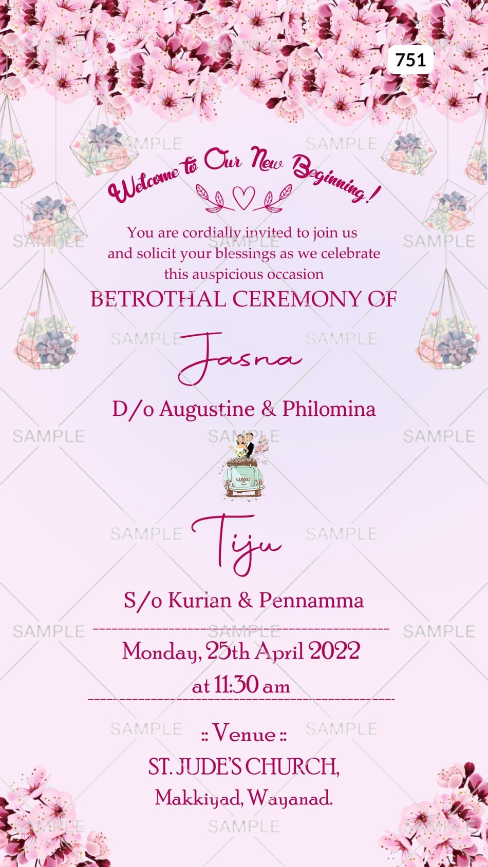 Digital Betrothal Ceremony Invitation Of North Indian Family In English Language With Floral Theme Canva Editable Template  design no - 751