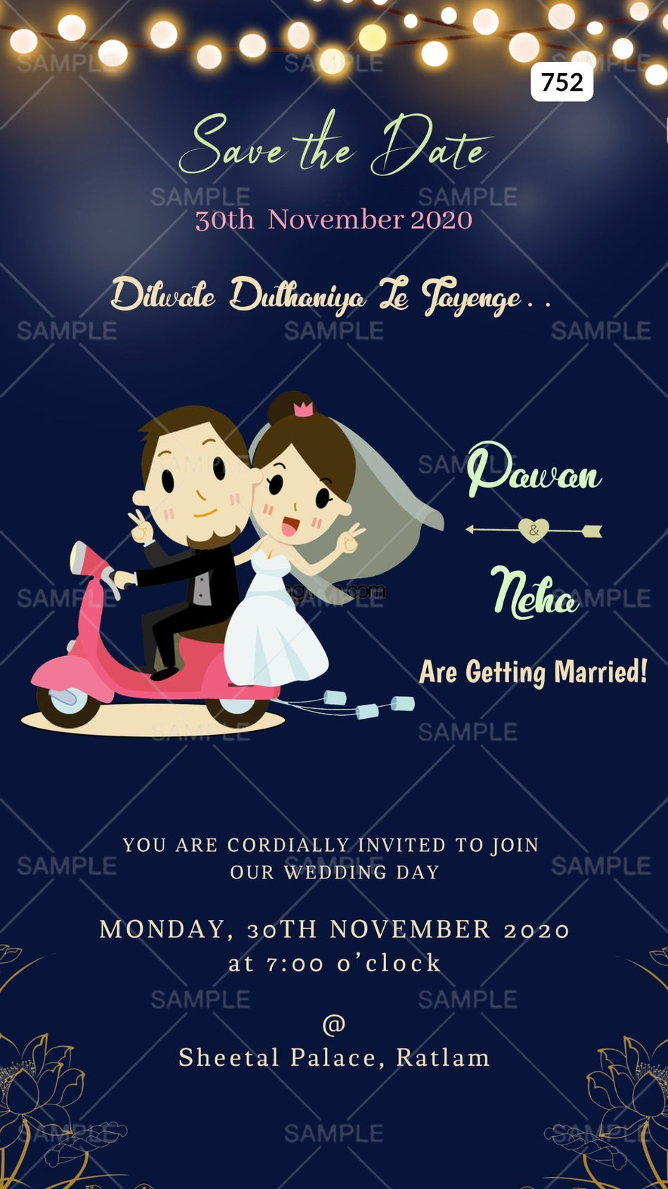 Save the Date card Canva Editable Template in english language with romantic couple doodle as night theme design 752