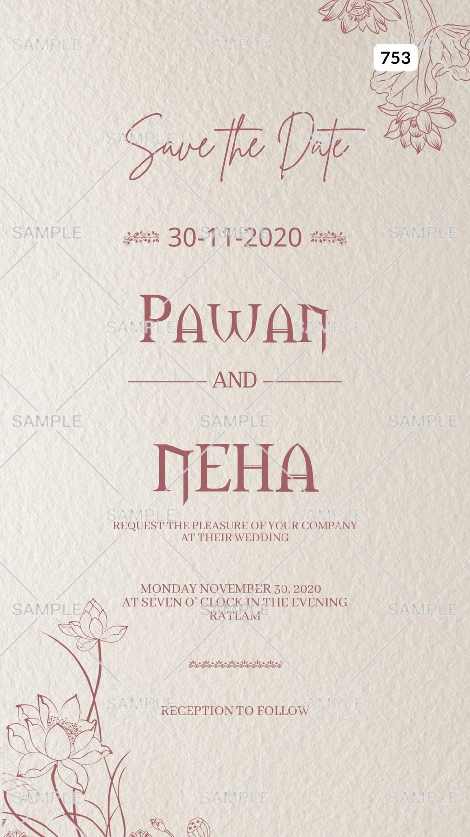 Wedding ceremony invitation card Canva Editable Template of hindu north indian family in english language with Vintage theme design 753