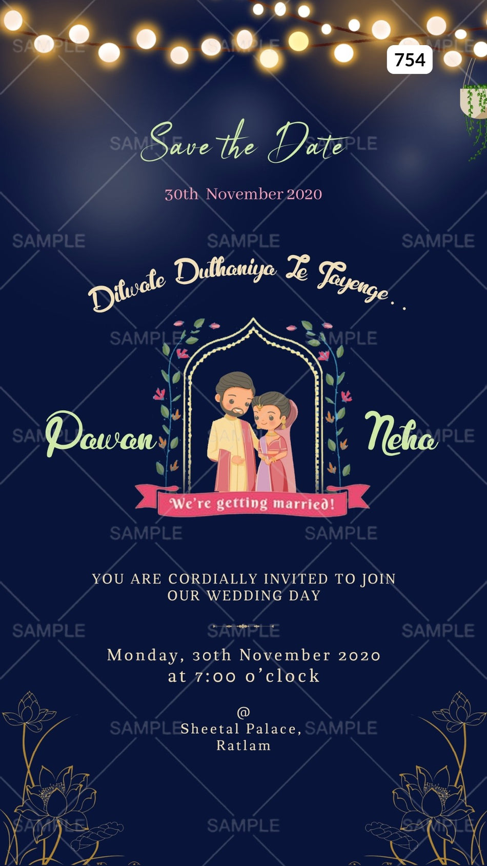 Wedding ceremony invitation card of hindu north indian family in english language with Shining theme Canva Editable Template design 754
