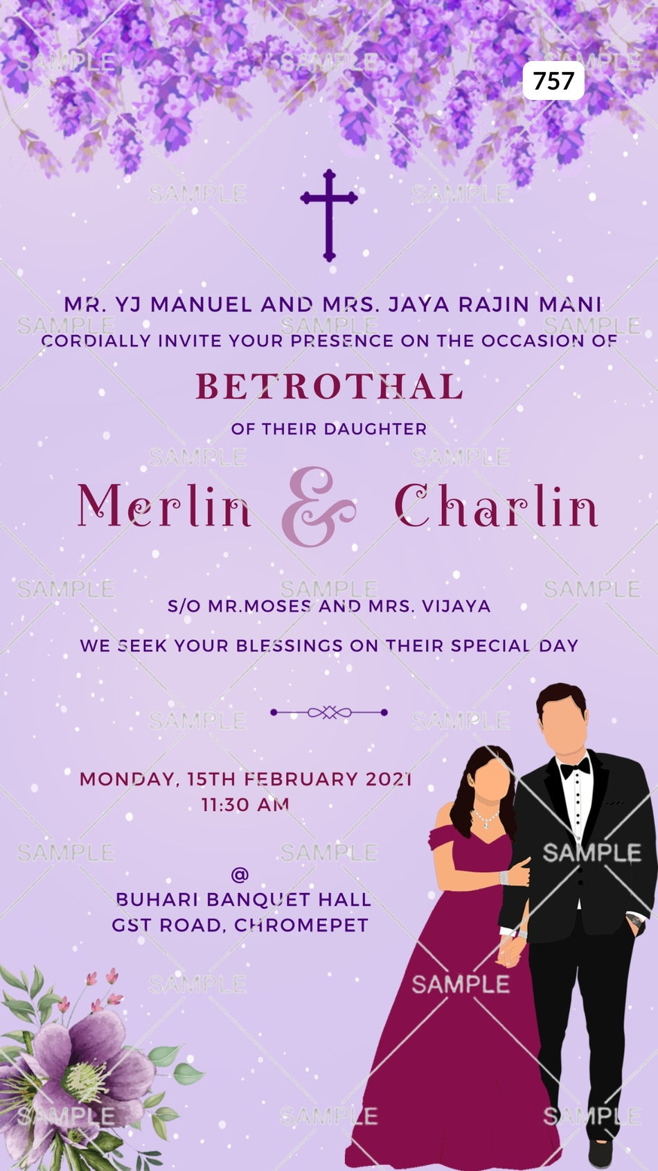 Betrothal ceremony invitation card Canva Editable Template for Catholic family in english language with stylish couple doodle, flowers as floral theme design 757
