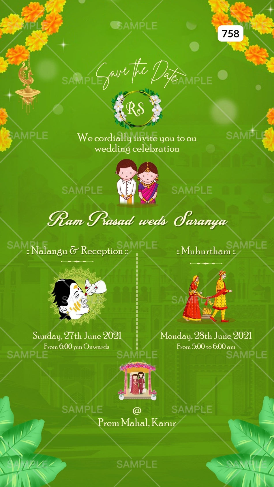 Wedding ceremony invitation card Canva Editable Template of hindu south indian tamil family in english language with Minimalistic theme design 758