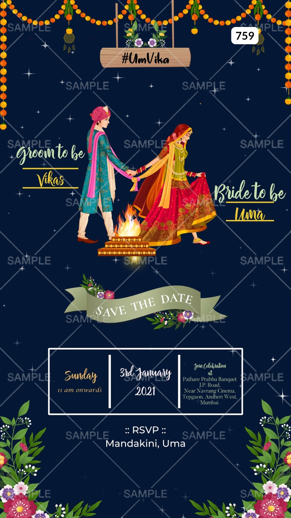 Wedding ceremony invitation card Canva Editable Template of hindu maharashtrian marathi family in english language with  Vintage theme design 759