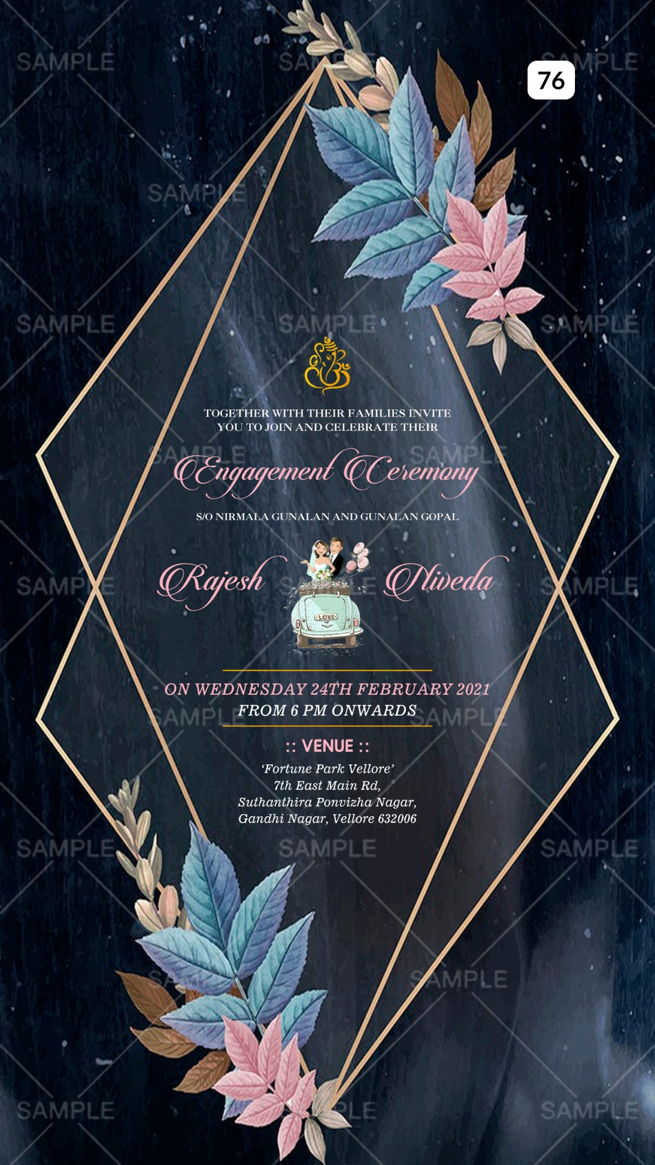 Engagement ceremony invitation card Canva Editable Template in english language with leaves as golden frame theme design 76