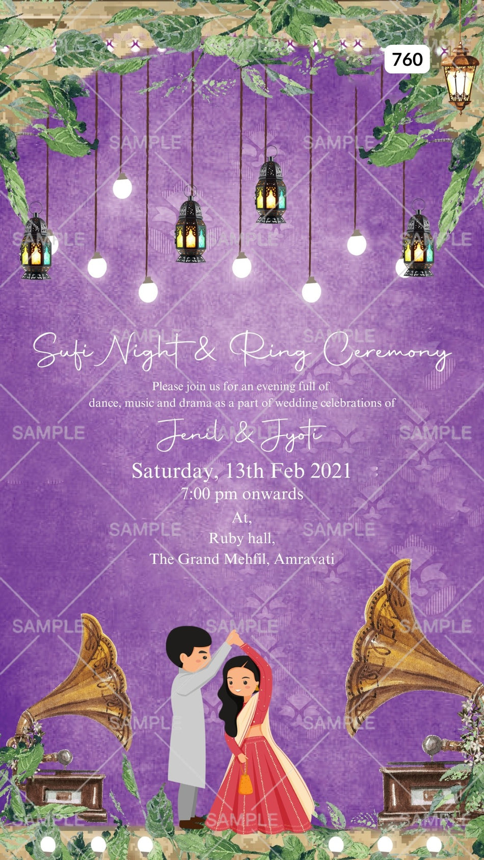 Sangeet Sandhya Ceremony invitation card in english language with couple doodle, gate as floral theme Canva Editable Template design 760