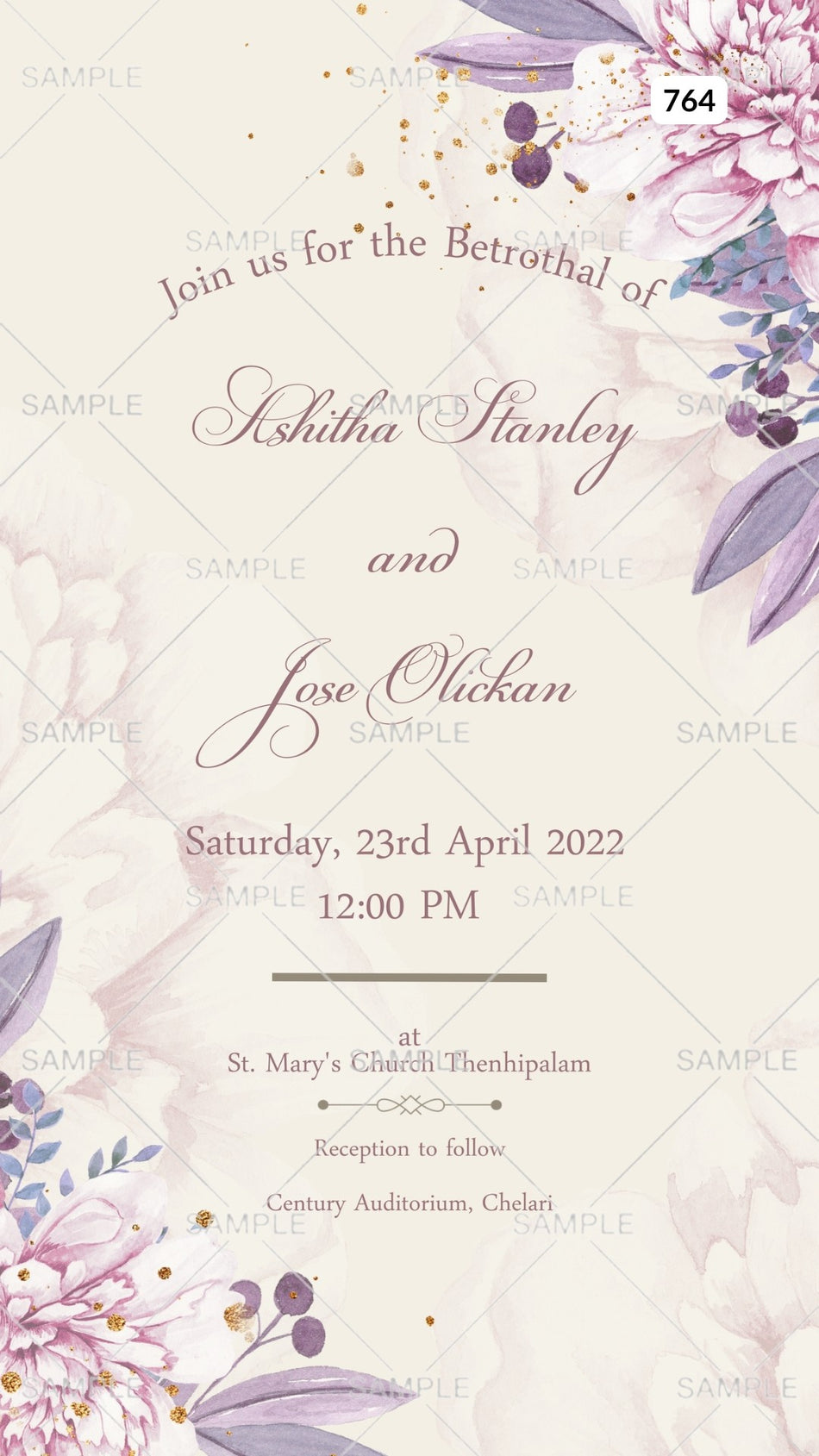 Betrothal ceremony invitation card Canva Editable Template for Catholic family in english language with flowers as floral theme design 764