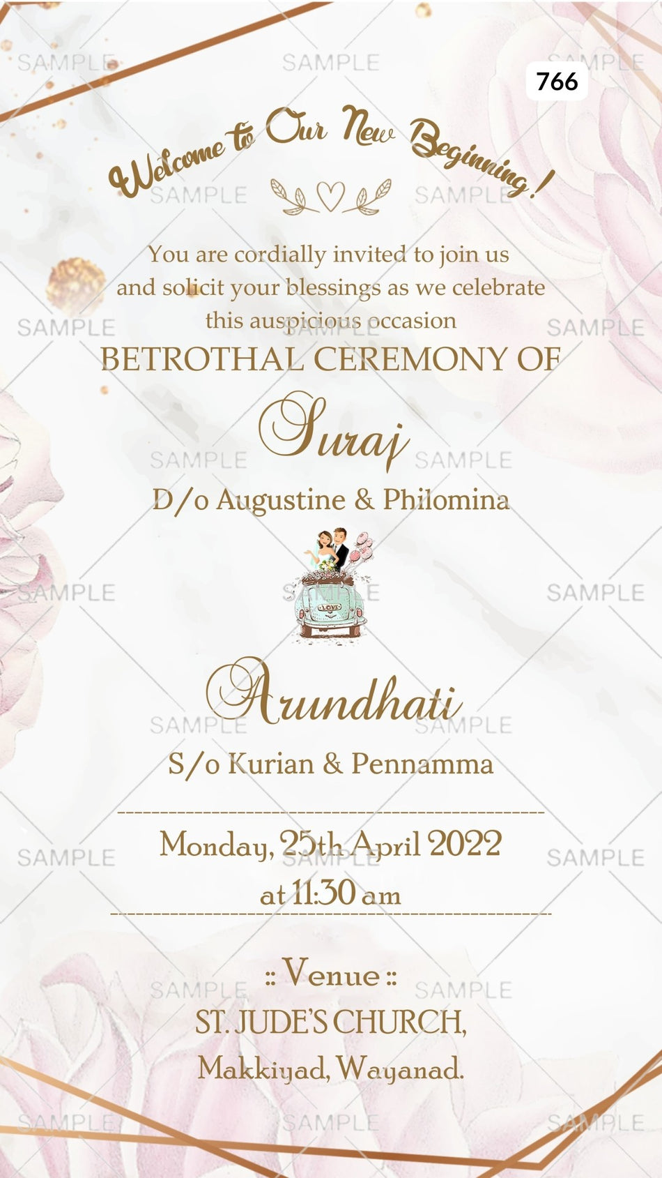 Digital Betrothal Ceremony Invitation Of Christian Family In English Language With Texture Floral Theme Canva Editable Template  design no - 766