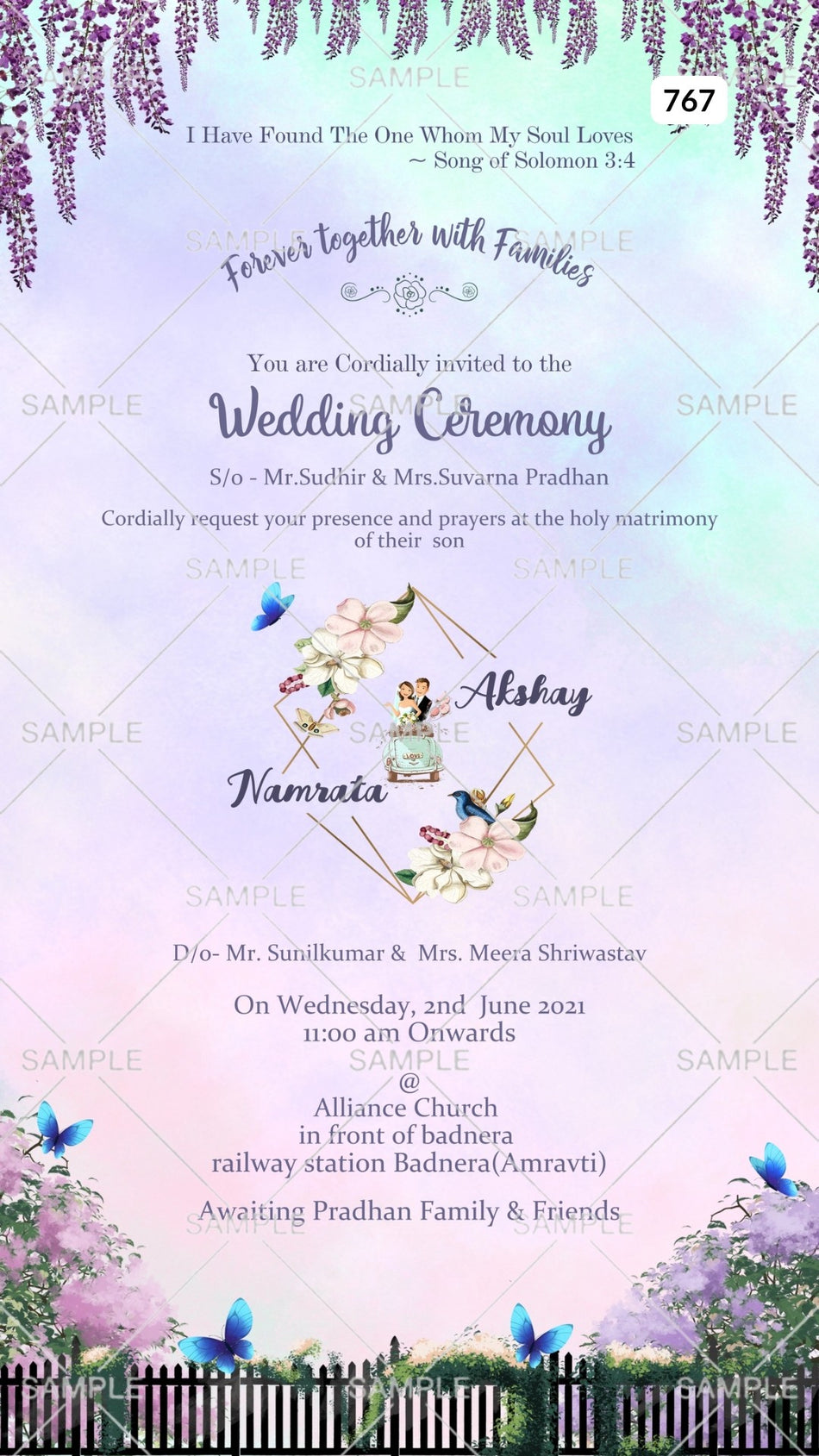 Wedding ceremony invitation card Canva Editable Template of hindu maharashtrian marathi family in english language with  Garden theme design 767
