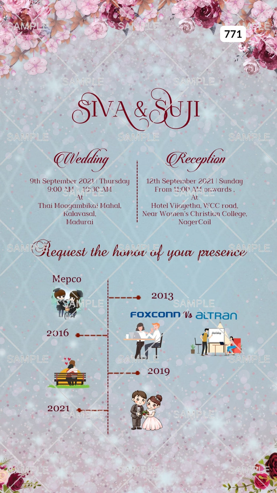Wedding ceremony invitation card Canva Editable Template of hindu south indian tamil family in english language with Love story theme design 771