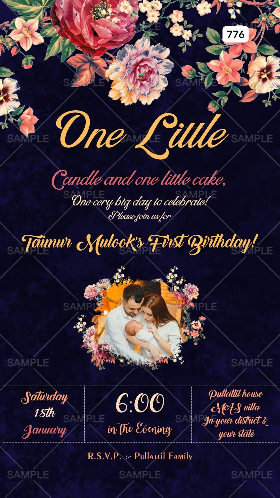 Birthday party invitation card Canva Editable Template for boy in english language with flowers as floral theme design 776
