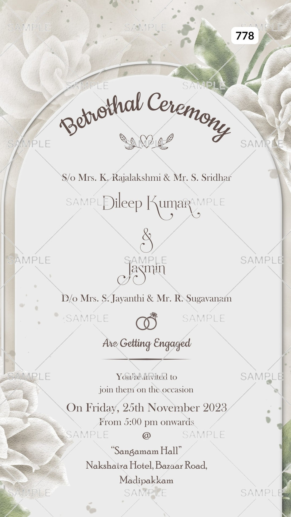 Digital Betrothal Ceremony Invitation Of South Indian Family In English Language With Arch and Floral Theme Canva Editable Template  design no - 778