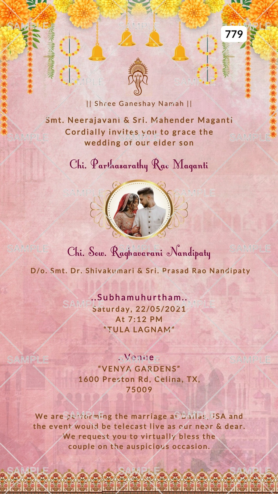 Wedding ceremony invitation card Canva Editable Template of hindu hindu family in english language with marigold flowers theme design 779
